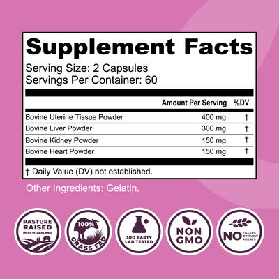 Beef Organ Supplement for Women - Beef Liver, Kidney, Heart and Uterus Tissue, Supports Womens Overall Energy and Health - Pasture Raised in New Zealand - No Fillers or Flow Agents - 120 Capsules