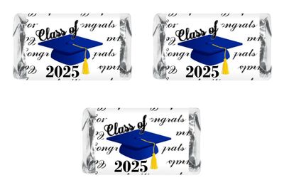 60 Graduation Cap Party Class of 2025 Miniatures Candy Bar Wrapper, Set of 60 Mini Candy Chocolate Bar Stickers, Labels, Candy Not Included, Color Blue. Made in USA