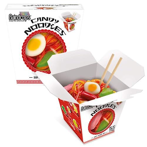 Raindrops Gummy Candy Noodles Takeout Box with 6 Kinds of Candies - Yummy Shrimp, Egg, Vegetables and Toppings Made from Gummies, Ropes and Marshmallows - Fun and Unique Candy Gifts 1 Box