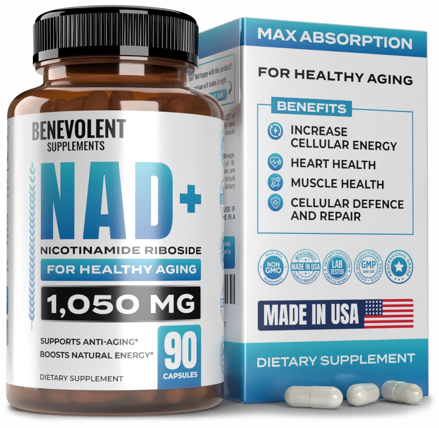 Benevolent NAD Supplement 1050mg - High Absorption NAD Supplement NMN Supplement Alternative - Cell Regenerator with Nicotinamide Riboside, Trans-Resveratrol TMG for Energy Healthy Aging