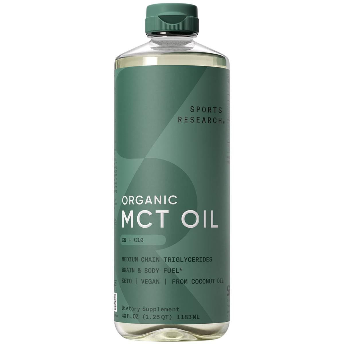 Sports Research Organic MCT Oil - Keto Vegan MCTs C8, C10 from Coconuts - Fatty Acid Brain Body Fuel, Non-GMO Gluten Free - Flavorless Oil, Perfect in Coffee, Tea Protein Shakes - 40 oz