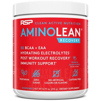 RSP AminoLean Recovery - Post Workout BCAAs Amino Acids Supplement Electrolytes, BCAAs and EAAs for Hydration Boost, Immunity Support - Muscle Recovery Drink, Vegan Aminos, Tropical Punch