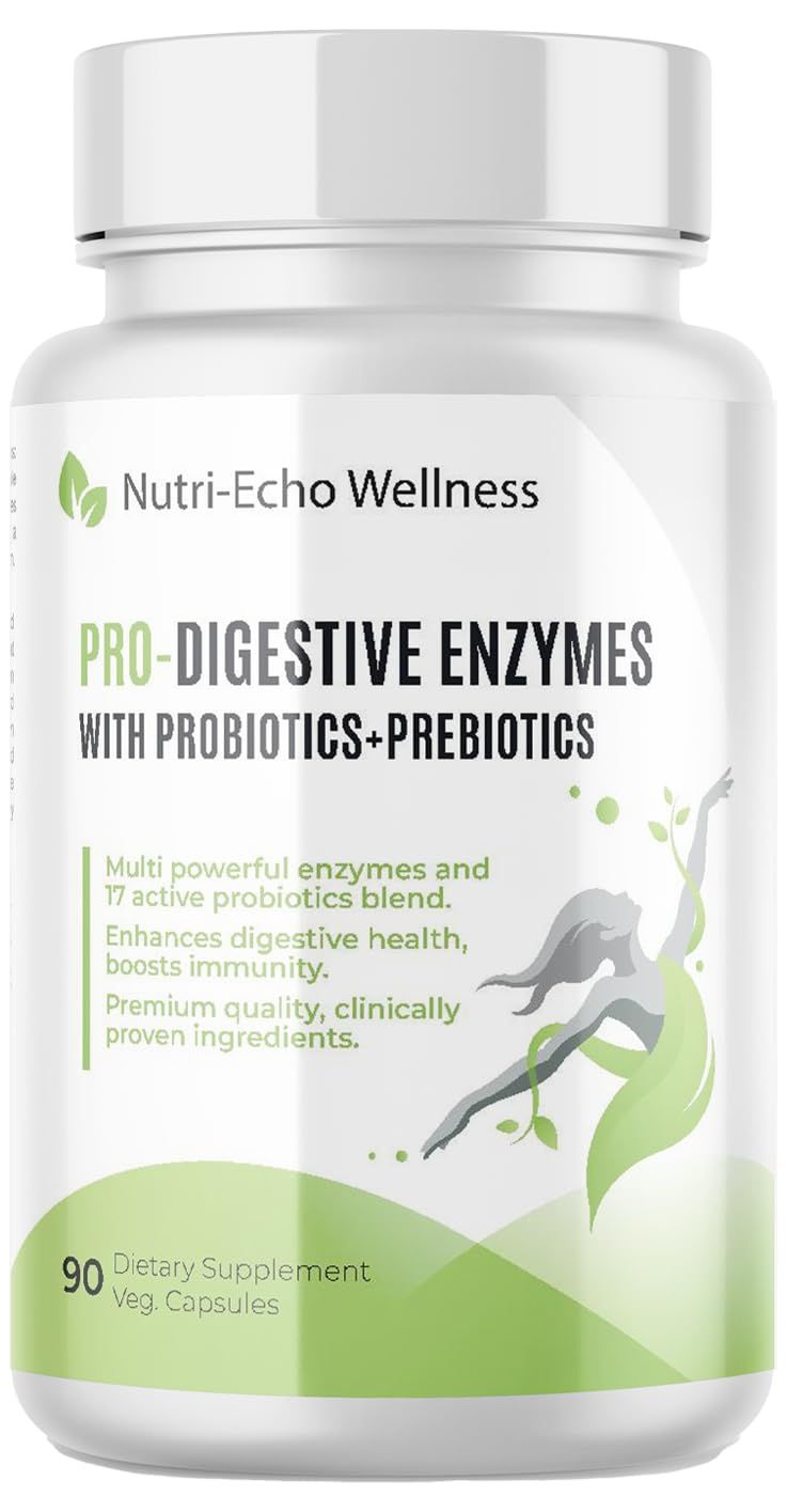 Nutri-Echo Wellness 900mg Blend of 16 Digestive Enzymes,17 Probiotics,5 Plants Complex with Natural enzymes, and 3 Sea Vegetables for Digestive Gut Health, BloatingMeal Time Discomfort-90 Capsules