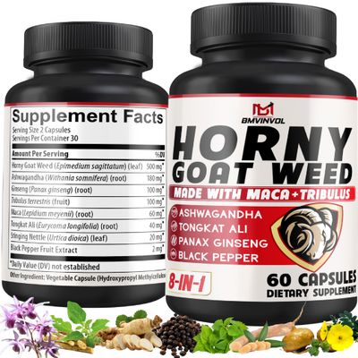 BMVINVOL Horny Goat Weed Capsules with Panax Ginseng, Tribulus, Ashwagandha, Maca, Tongkat Ali, Nettle, Black Pepper - 60 Capsules