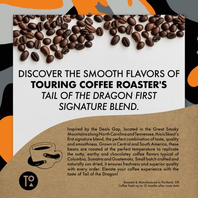 Touring Coffee Roasters Tail of the Dragon Signature Blend Coffee Whole Beans Dark Roast - Grown in Sumatra, Colombia and Guatemala, Chocolate, Nutty, Earthy, Natural Sun Dried - 12oz