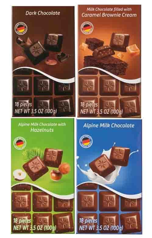German Chocolate Bar Variety Pack: Alpine Milk Chocolate, Milk Hazelnut, Caramel Brownie Dark Chocolate - Sampler Gift Giving Food Treat, 4 Pack schogetten Assortment, 3.5oz Each