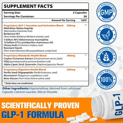 GLP-1 Supplement for Women, Natural GLP-1 Support, 3X Targeted Formula, GLP1 with Akkermansia Probiotic, Berberine HCI Chicory Inulin, for Metabolism, Digestive Gut Health - Vegan, 60 Capsules