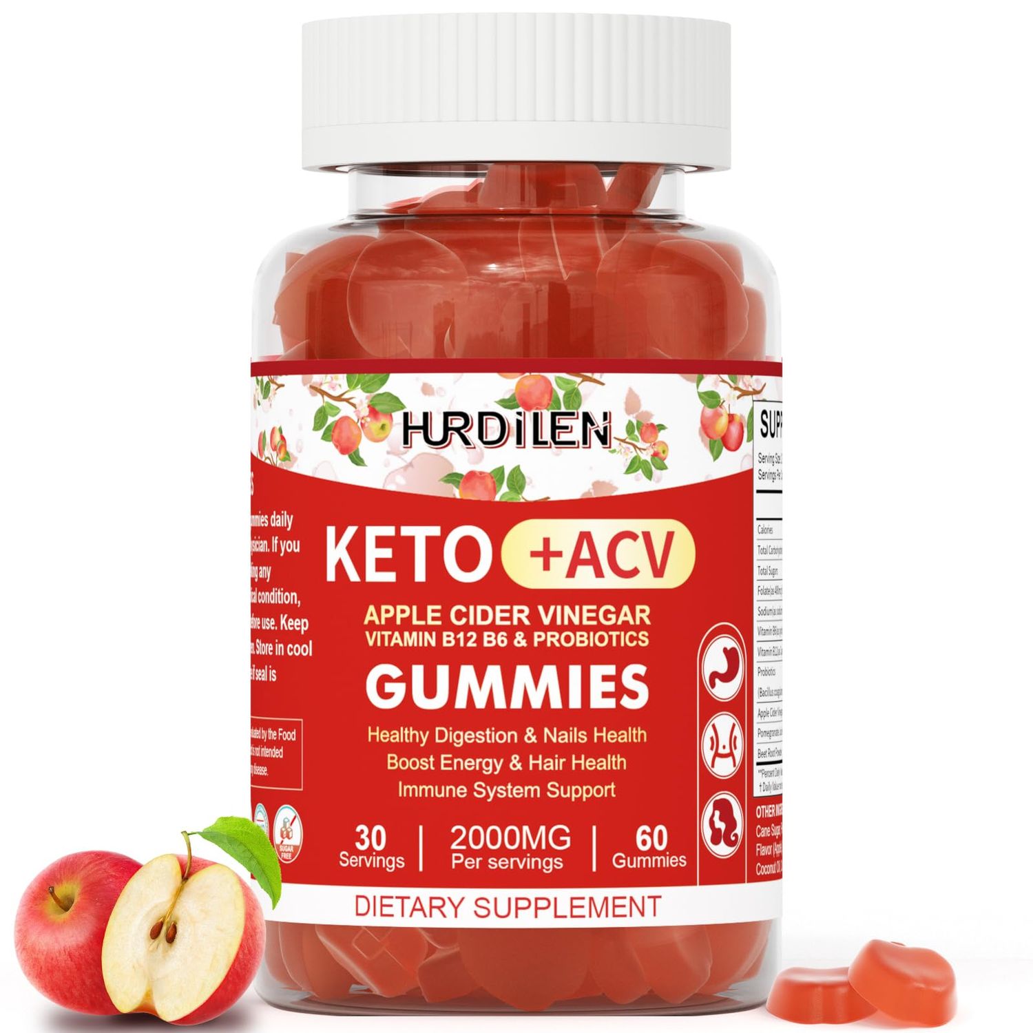 Keto ACV Gummies - 2000mg Apple Cider Vinegar Gummies with Probiotics, Vitamin B12 B6 for Digestion, Energy Boost, Immunization Hair Health - 60 Count No Sugar, Non-GMO, Gluten-Free for Women Men