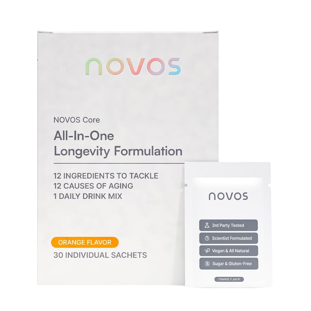 NOVOS Core Longevity Mix, Anti-Aging Supplement, Drink Powder Packet Orange Flavor - Skin Support, Energy, Mood Support, Sleep and Cognition Support - 30 Servings