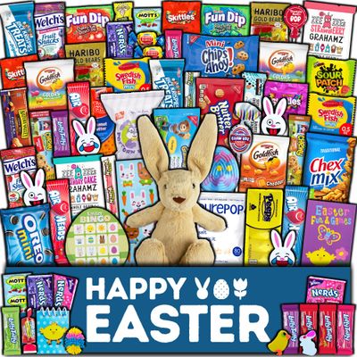 Easter Care Package 65ct - Candy Snacks Treats Plush Bunny Chocolate Cookies Gift Box Bundle Basket Fillers Stuffers Present Kids Adults Boys Girls College Student Child Grandchildren Toddlers