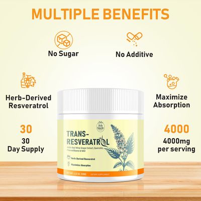 BoaSaude Trans-Resveratrol Powder Supplement with Red Wine Extract, Quercetin, Pterostilbene NAD, 4.23 OZ, 30-Day Serving