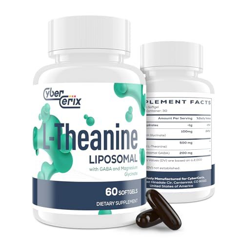 CyberCerix Liposomal L-Theanine 500mg, Complex with GABA 200mg Magnesium 100mg, Extra Strength Supplement for Calm, Relaxation Focus, Gluten Free - 60 Capsules