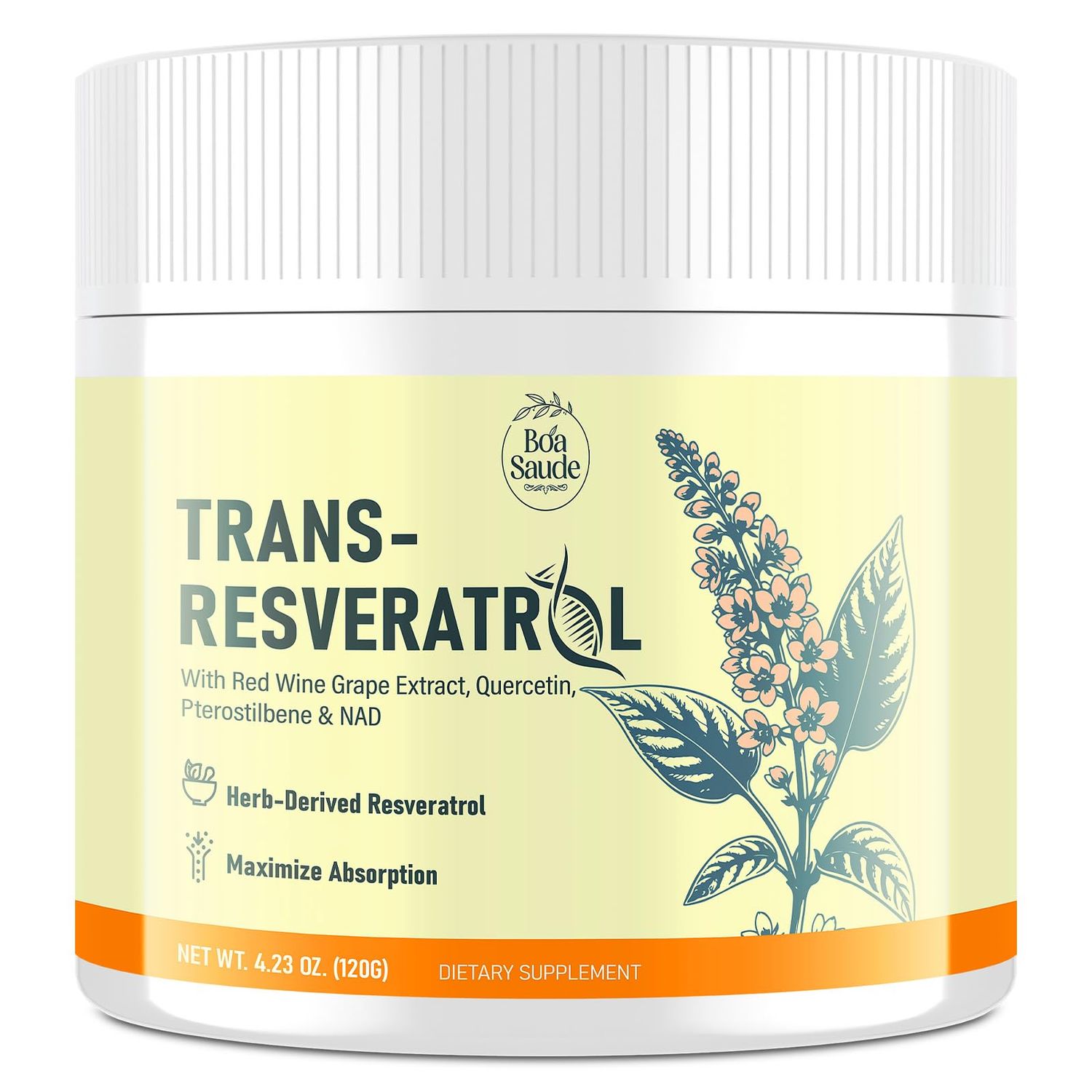 BoaSaude Trans-Resveratrol Powder Supplement with Red Wine Extract, Quercetin, Pterostilbene NAD, 4.23 OZ, 30-Day Serving