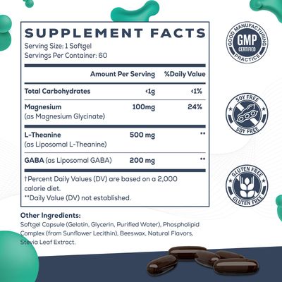 CyberCerix Liposomal L-Theanine 500mg, Complex with GABA 200mg Magnesium 100mg, Extra Strength Supplement for Calm, Relaxation Focus, Gluten Free - 60 Capsules