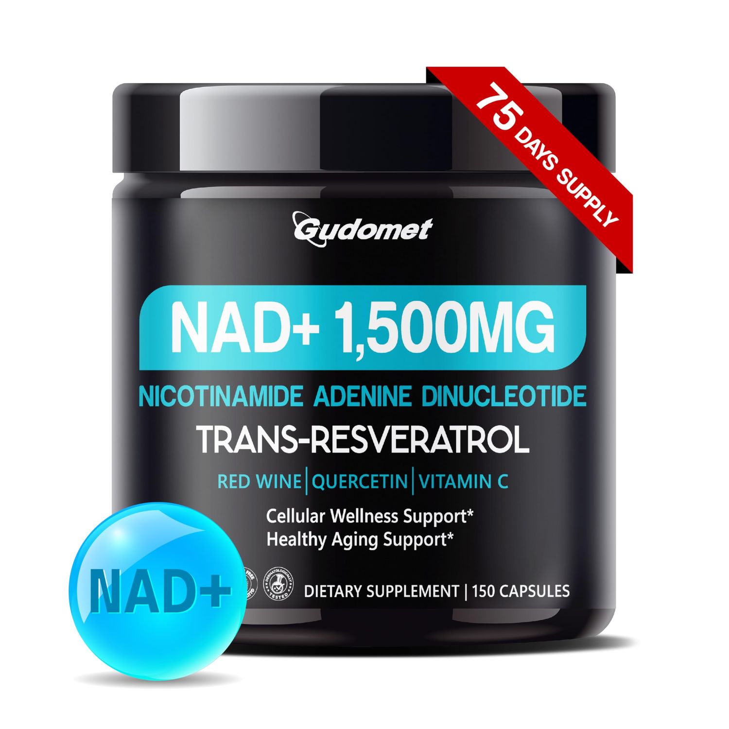 GUDOMET NAD with Trans-Resveratrol, Red Wine, Quercetin Vitamin C - Supports Cellular Wellness Healthy Aging-150 Capsules- Made in The USA