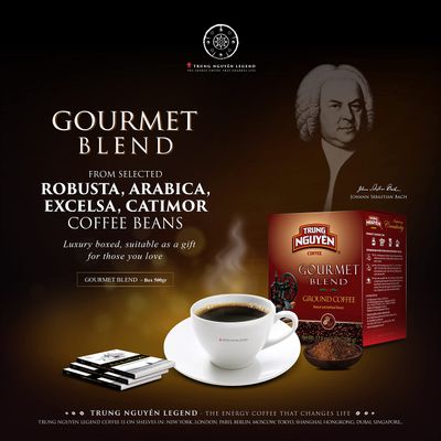 TRUNG NGUYEN LEGEND GOURMET BLEND Premium Roasted Ground Coffee - Chocolate and Fruity Flavor by Robusta Arabica Coffee Beans Blend - French Roast with Low Acidity 500gBox