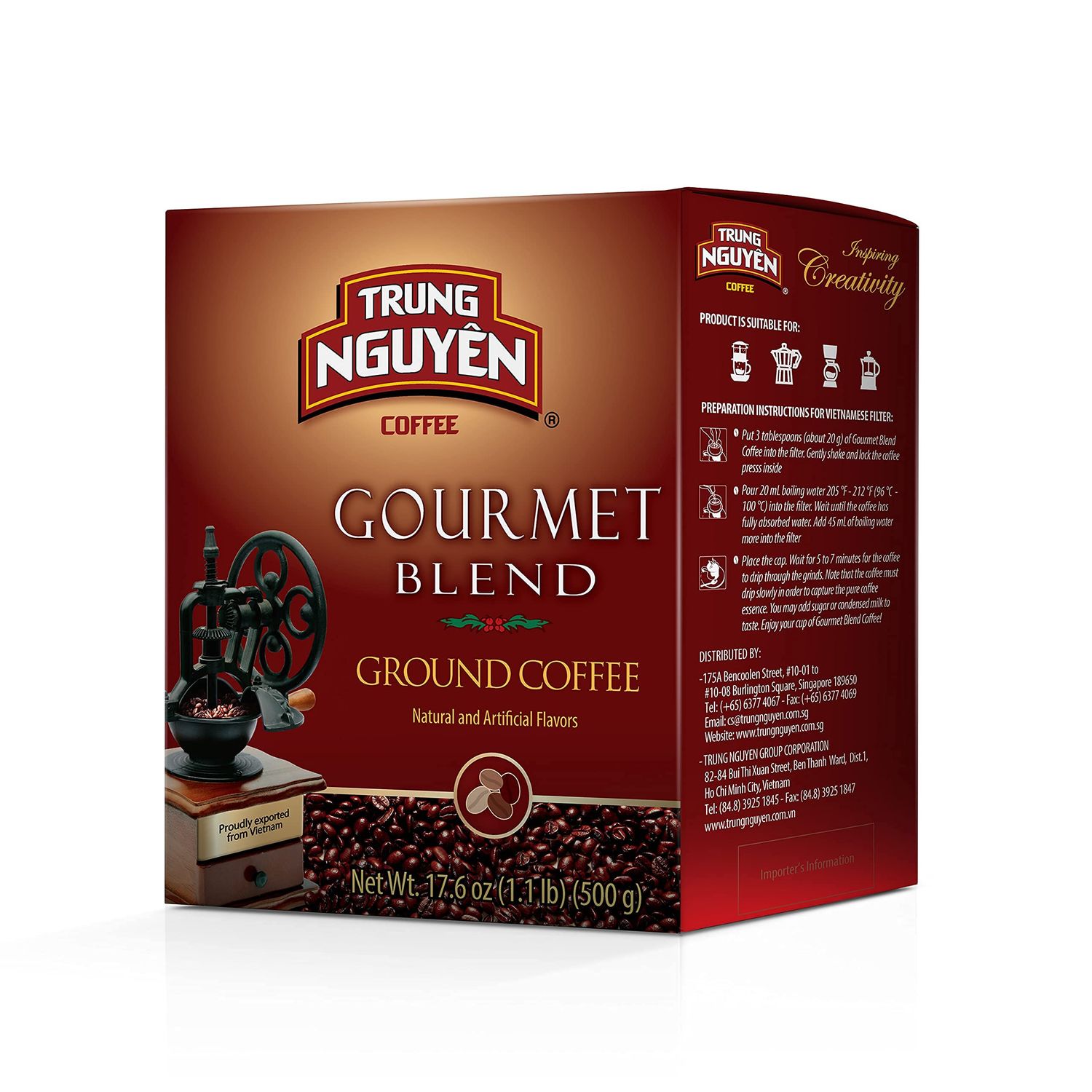 TRUNG NGUYEN LEGEND GOURMET BLEND Premium Roasted Ground Coffee - Chocolate and Fruity Flavor by Robusta Arabica Coffee Beans Blend - French Roast with Low Acidity 500gBox