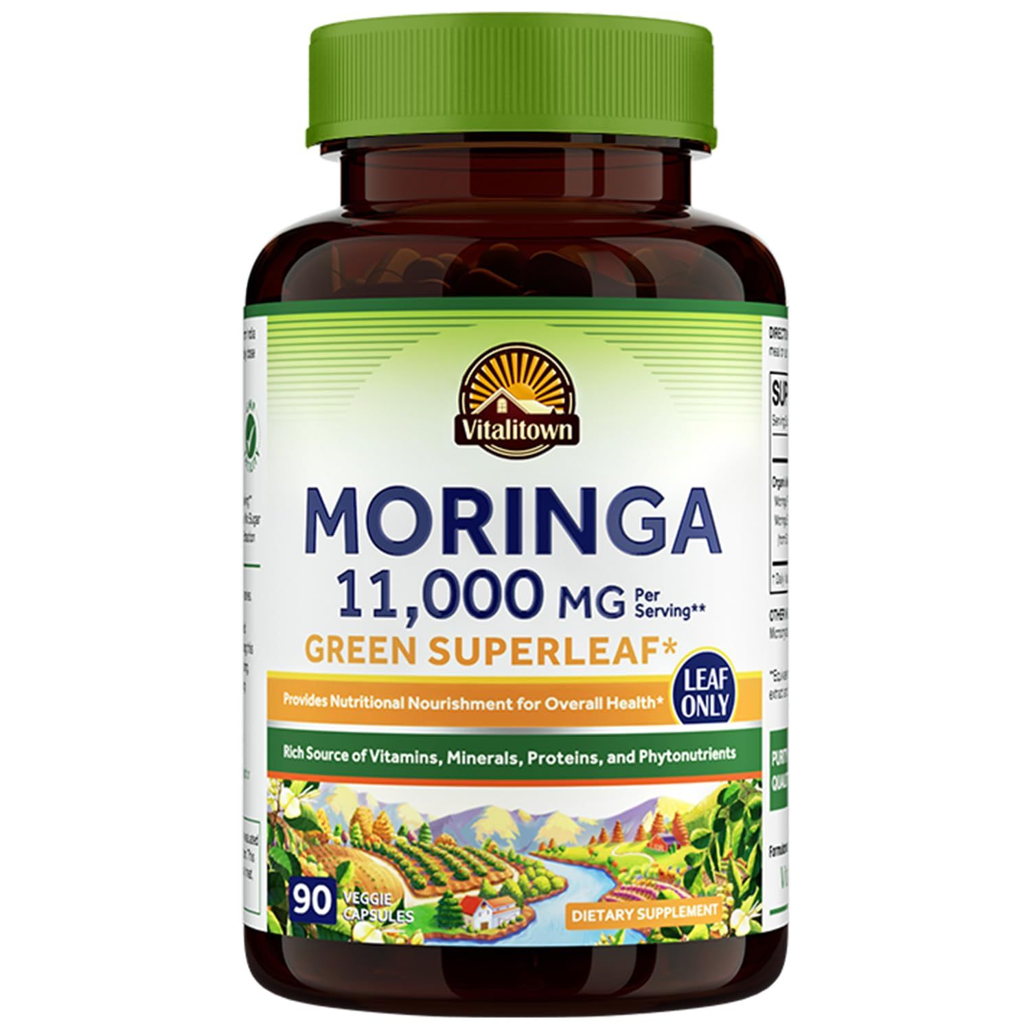 Vitalitown Moringa Capsules 11,000 MG, Pure Moringa Oleifera Leaves, No Sticks, No Caffeine, Energy, Immune, Joint Support, 90 Capsules