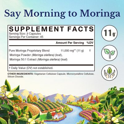 Vitalitown Moringa Capsules 11,000 MG, Pure Moringa Oleifera Leaves, No Sticks, No Caffeine, Energy, Immune, Joint Support, 90 Capsules