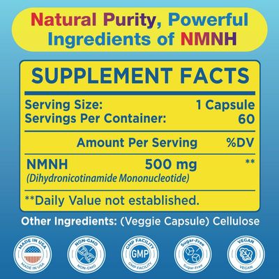 NMNH NAD Supplements for Women Men Dihydronicotinamide Mononucleotide 500mg, to Boost NAD Levels As We Age, NMNH Supplement for Anti Aging, Energy, Immune, Focus, Pure Organic - 60 Capsules