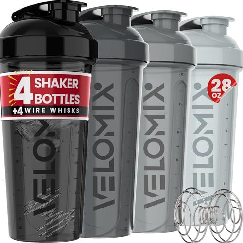 VELOMIX -4 PACK- 28 oz Protein Shaker Bottle for Protein Mixes - 4x Wire Whisk Leak Proof Shaker Cups for Protein Shakes Protein Shaker Bottle Pack Protein Shake CupSilver Mix