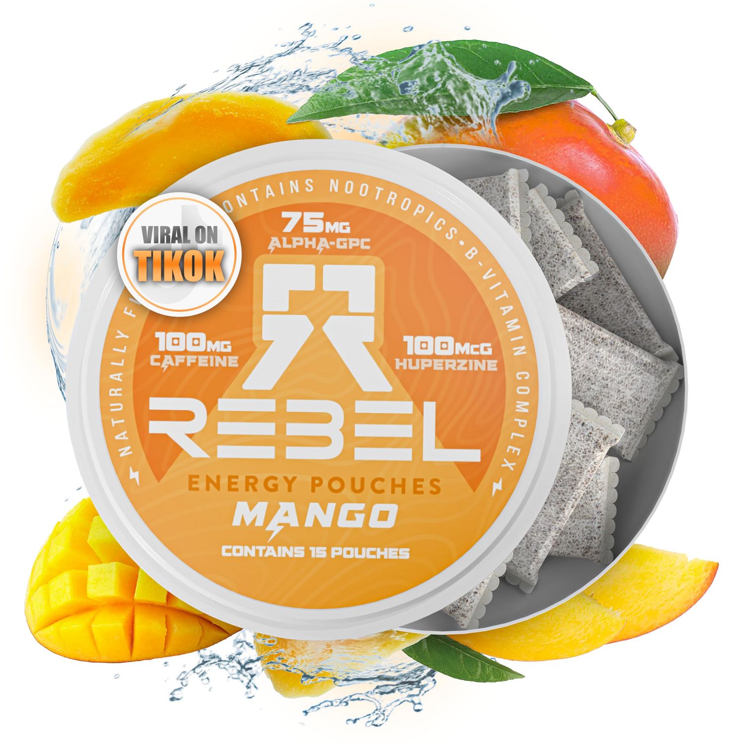 Nootropic Energy Caffeine Pouches 100mg Caffeine Alpha GPC Huperzine A Essential Vitamins Sugar-Free Coconut Fiber Technology Mango Flavor 15 Pouches Per Can Pack of 1