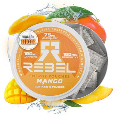 Nootropic Energy Caffeine Pouches 100mg Caffeine Alpha GPC Huperzine A Essential Vitamins Sugar-Free Coconut Fiber Technology Mango Flavor 15 Pouches Per Can Pack of 1