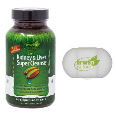 Irwin Naturals 2-in-1 Kidney Liver Super Cleanse 60 Liquid Softgels Bundle with Pill Case - Liver and Kidney Detox Cleanse Supplement to Repair and Support Healthy Kidney and Liver Function