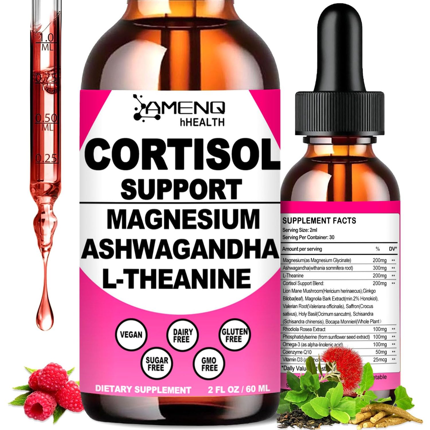 Cortisol Supplement Liquid Drops, 17-in-1 Cortisol Reducer w. Ksm-66 Ashwagandha Theanine Rhodiola Rosea Magnesium Phosphatidylserine, Hormone Balanced Lower Cortisol for Women Calm Relaxation
