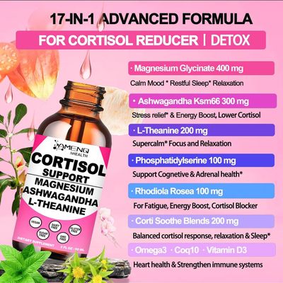 Cortisol Supplement Liquid Drops, 17-in-1 Cortisol Reducer w. Ksm-66 Ashwagandha Theanine Rhodiola Rosea Magnesium Phosphatidylserine, Hormone Balanced Lower Cortisol for Women Calm Relaxation