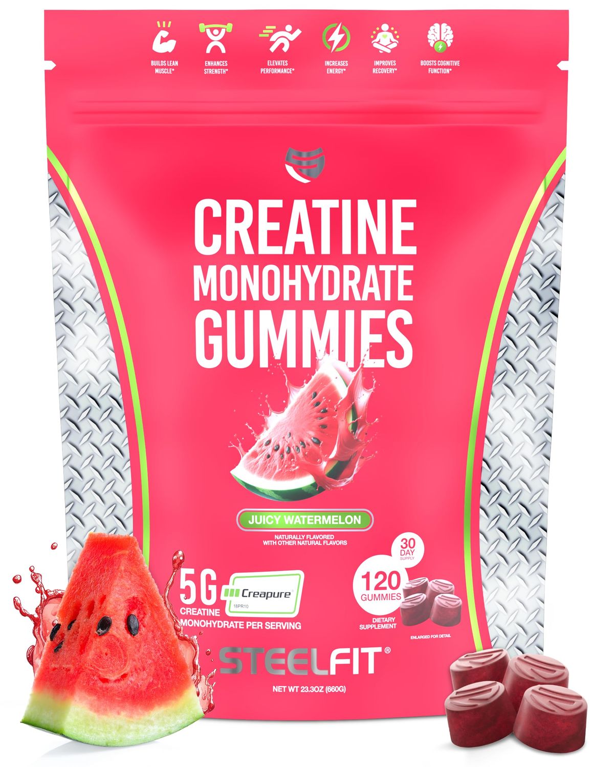 SteelFit Creapure Creatine Monohydrate Gummies for Men Women, Juicy Watermelon - Gym Workout Nutritional Supplements for Muscle Gain, Brain Health Strength Building Dietary Supplement, 120 Gummies