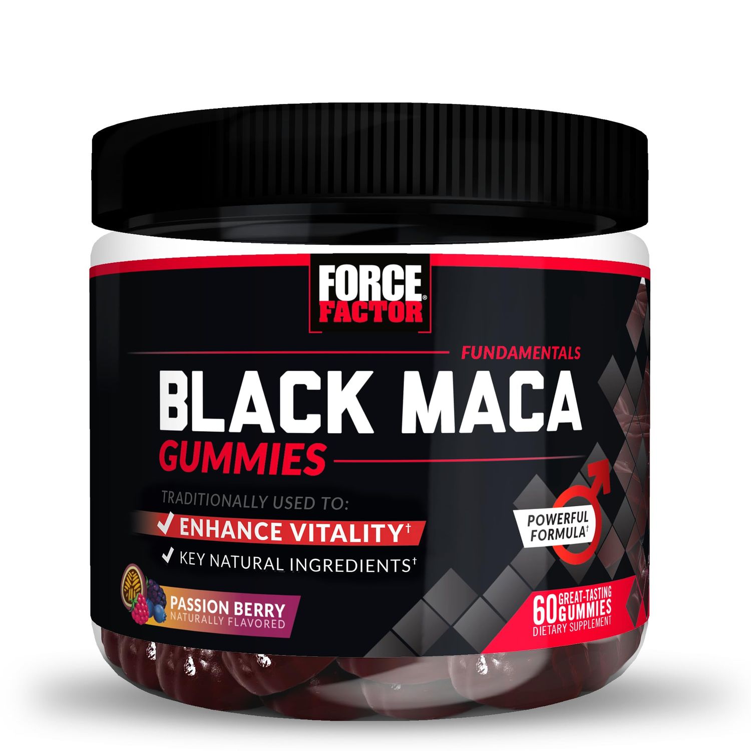 Force Factor Black Maca Gummies, Black Maca Root to Enhance Vitality in Men Women, Increase Energy Strength, with BioPerine for Superior Absorption, Delicious Passion Berry Flavor, 60 Gummies