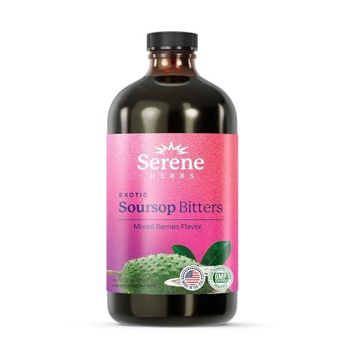 Serene Herbs Soursop Bitters Liquid Mixed Berry with Soursop Leaves for Gut Cleanse, Detox Immune Boost with Black Seed, Moringa, Irish Moss, Ashwaganda, Turmeric, 16 fl oz 32 Servings