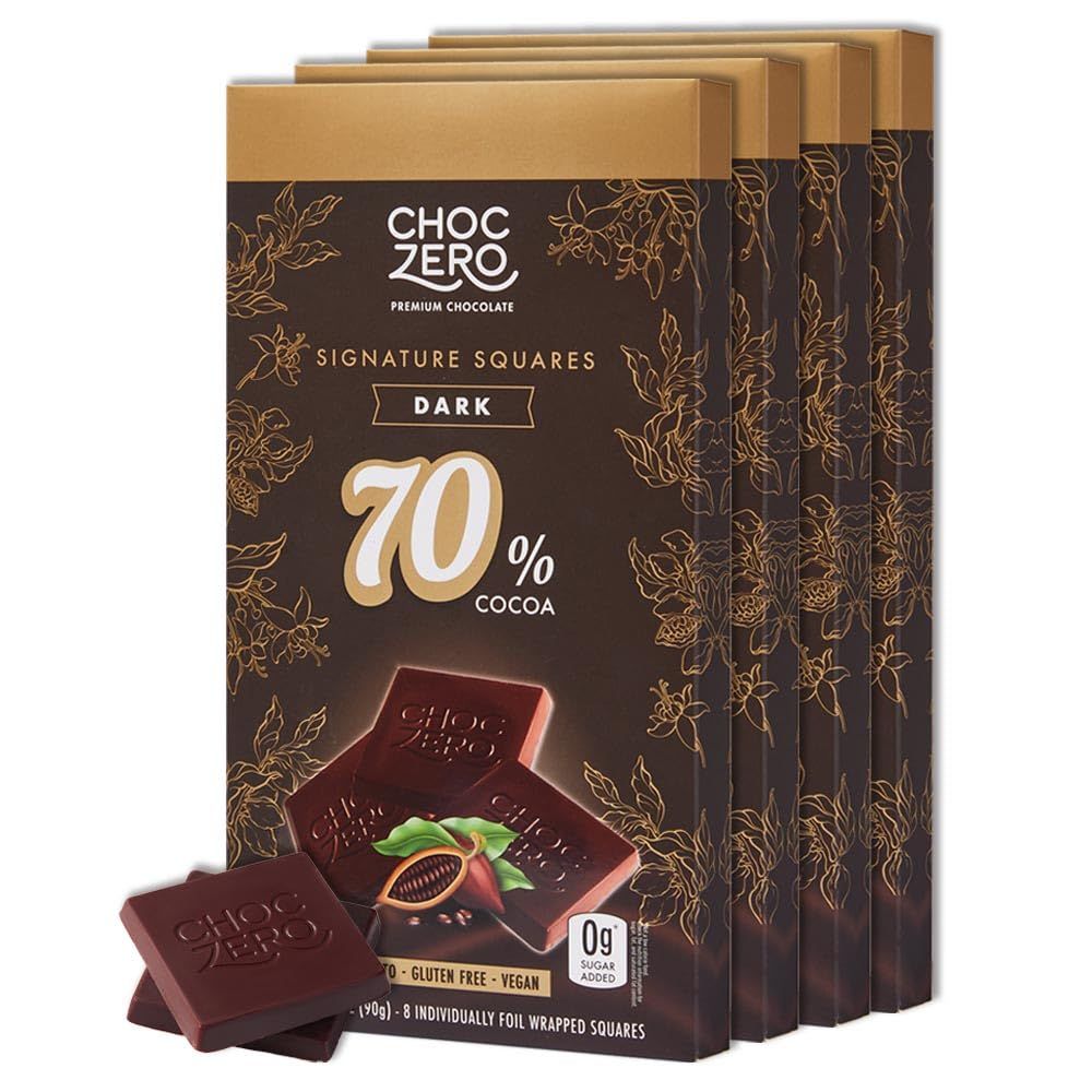 ChocZero 70 Dark Chocolate, Sugar Free, Low Carb, All Natural, Keto Friendly, 3.2 Ounce Pack of 4