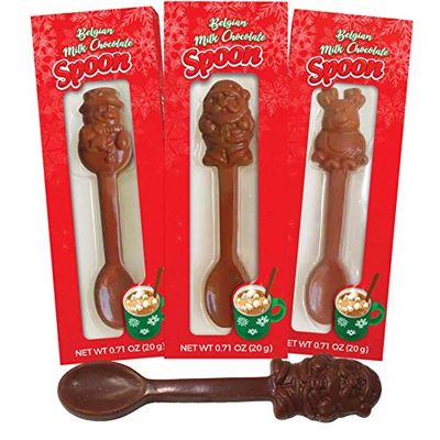 Alberts Belgian Milk Chocolate Hot Cocoa Stirring Spoons Assorted Holiday Characters, Christmas Stocking Stuffers for Kids, Pack of 3