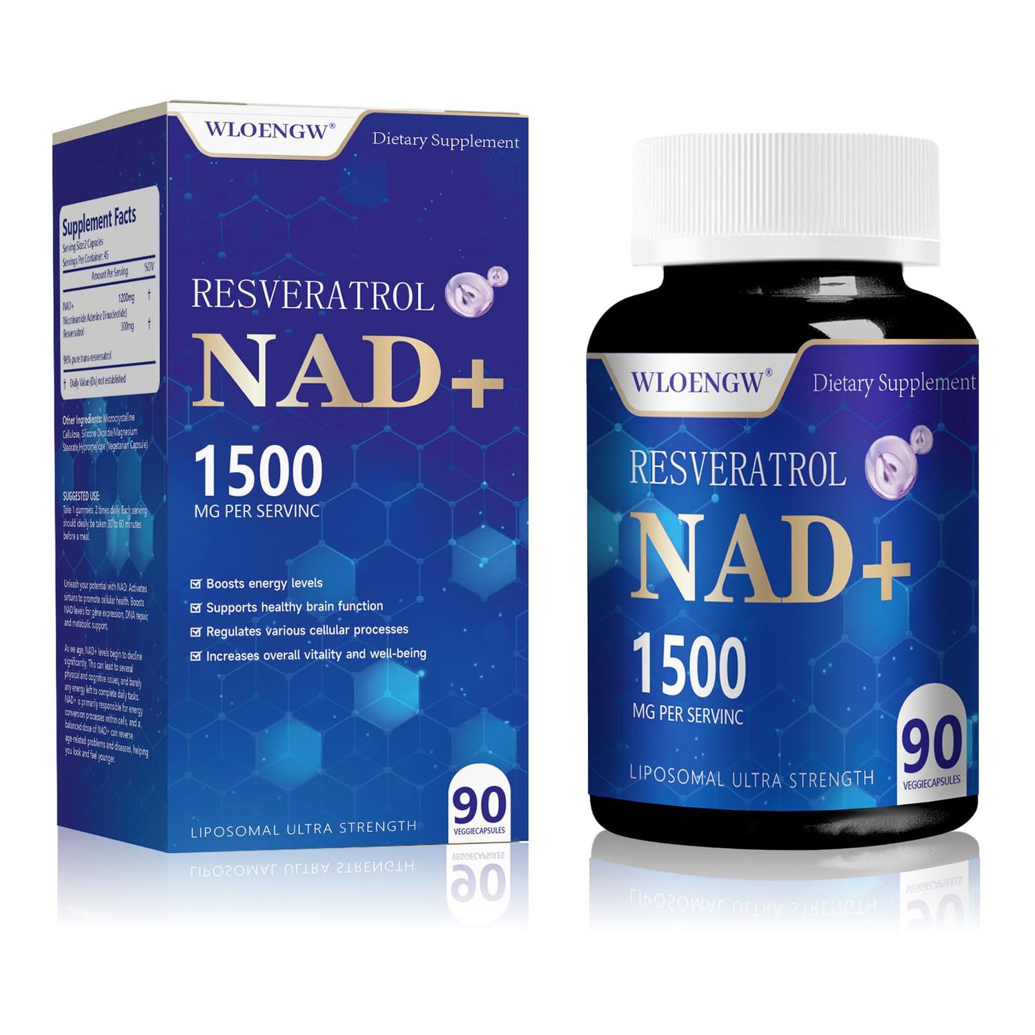 Wloengw New NAD Supplement - Liposomal NAD Supplement with Resveratrol 90 Count 1500MG