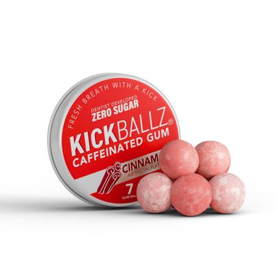 Cinnamon KickBallz Caffeine Energy Gum Extra Strength 110mg Per Gumball Fast-Acting Tastes Amazing Freshens Breath Zero Sugar Gluten-Free USA Made 3 Tins 21 Count