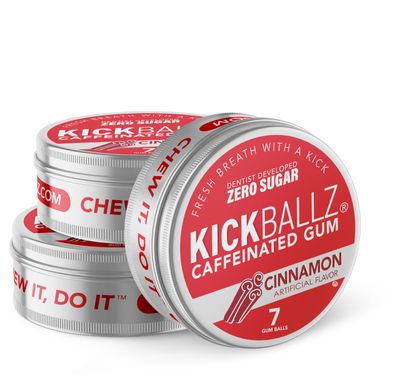 Cinnamon KickBallz Caffeine Energy Gum Extra Strength 110mg Per Gumball Fast-Acting Tastes Amazing Freshens Breath Zero Sugar Gluten-Free USA Made 3 Tins 21 Count