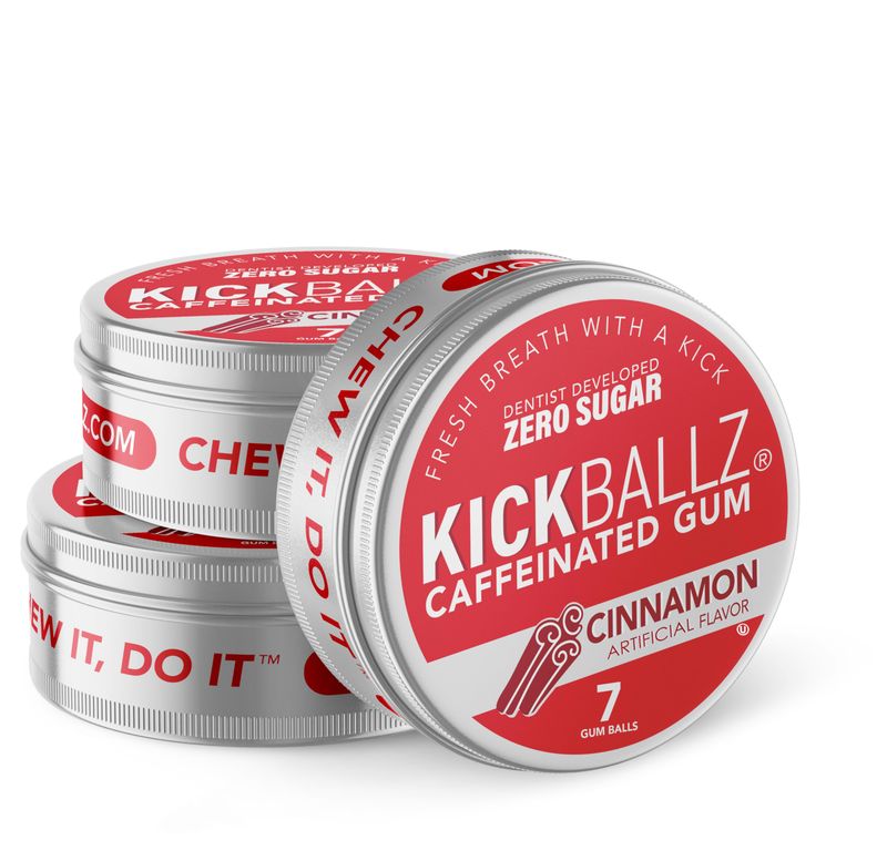 Cinnamon KickBallz Caffeine Energy Gum Extra Strength 110mg Per Gumball Fast-Acting Tastes Amazing Freshens Breath Zero Sugar Gluten-Free USA Made 3 Tins 21 Count