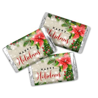 Happy Holidays Red Poinsettia Miniature Chocolate Candy Bar Sticker Wrappers, 45 Wrap Around Labels Sized 1.4 x 2.6 by AmandaCreation, Great for Holiday Party Favors Goodie Bags