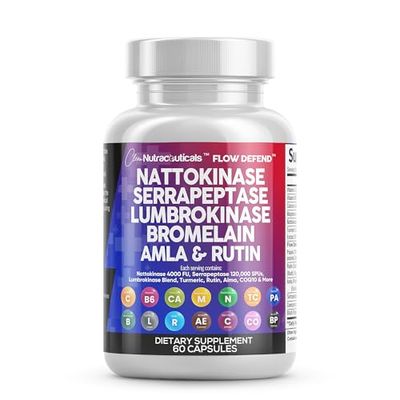 Clean Nutraceuticals Nattokinase 4000 FU Serrapeptase 120000 SPU Lumbrokinase Enzyme Supplement with Bromelain Papain Papaya Enzymes Rutin Extract Amla Magnesium Vitamin B6 VIT C Capsules