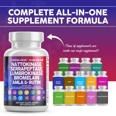 Clean Nutraceuticals Nattokinase 4000 FU Serrapeptase 120000 SPU Lumbrokinase Enzyme Supplement with Bromelain Papain Papaya Enzymes Rutin Extract Amla Magnesium Vitamin B6 VIT C Capsules