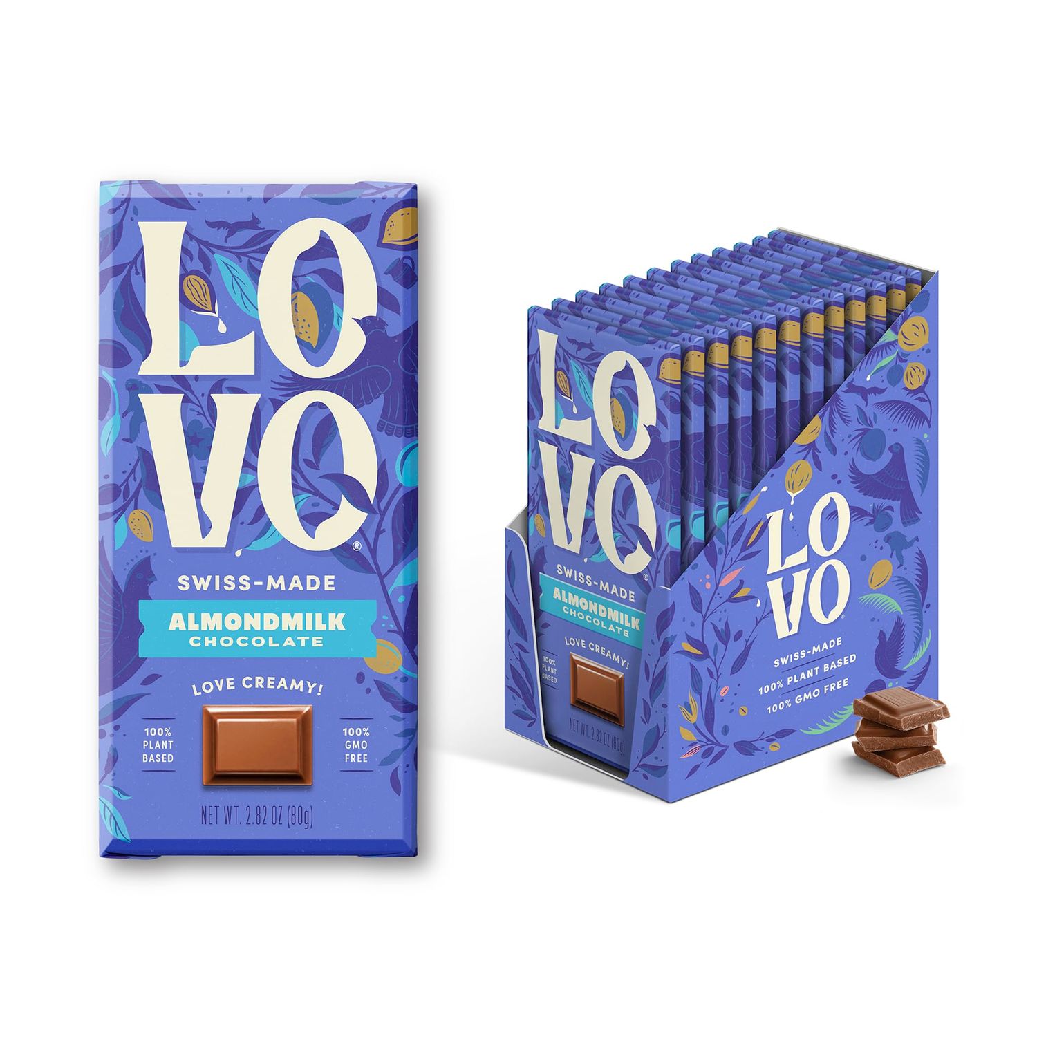 LOVO Almondmilk Chocolate, 100 Plant-based, Vegan, Non GMO, Gluten-Free, Swiss Made. 2.82 oz Pack of 12