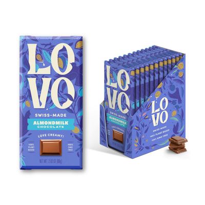 LOVO Almondmilk Chocolate, 100 Plant-based, Vegan, Non GMO, Gluten-Free, Swiss Made. 2.82 oz Pack of 12