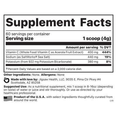 Jigsaw Health Adrenal Cocktail Wholefood Vitamin C with Potassium Bicarbonate, Sea Salt, and Acerola Cherry Extract 60 Servings Jar