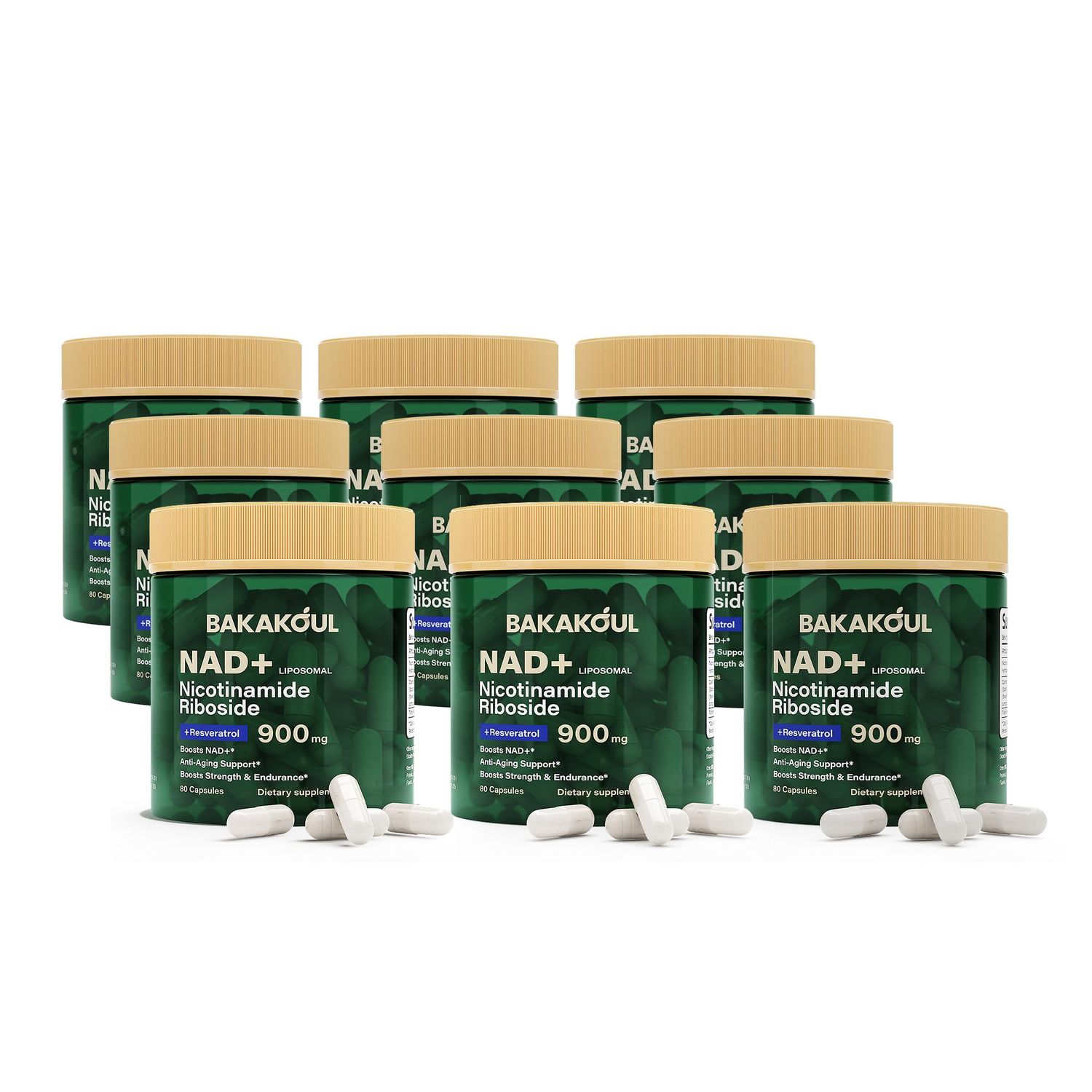 BAKAKOUL NAD Supplement - Liposomal Nicotinamide Riboside, Resveratrol, Quercetin, NAD Nicotinamide Riboside Resveratrol 900mg, NAD Supplement for Men and Women, 80 Capsules 9 Pack