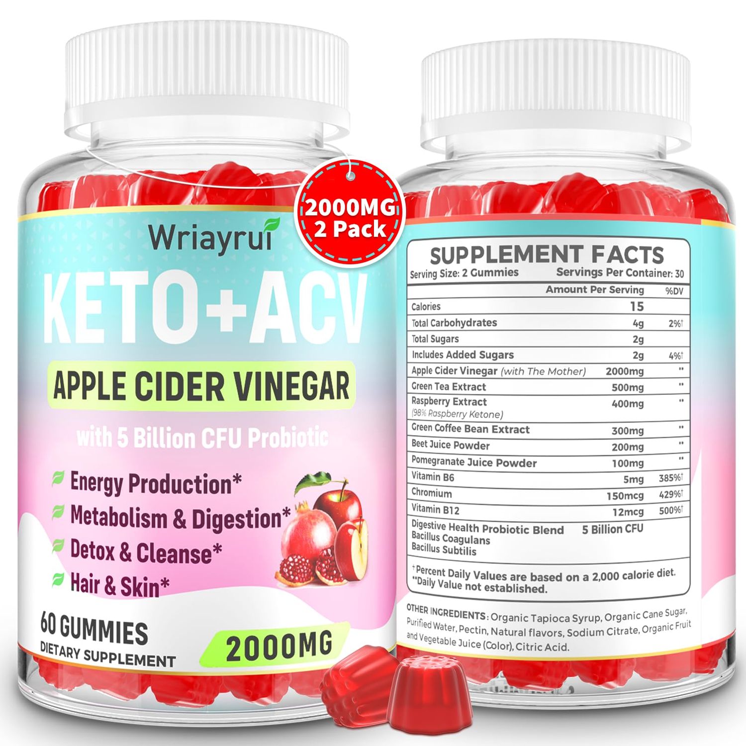 Wriayrui Keto ACV Gummies with Probiotics Vitamin B12, 2000mg Apple Cider Vinegar Gummies with Mother, for Metabolism, Digestion, Detox Cleanse, Sugar Free, Vegan-Friendly, 120 Gummies