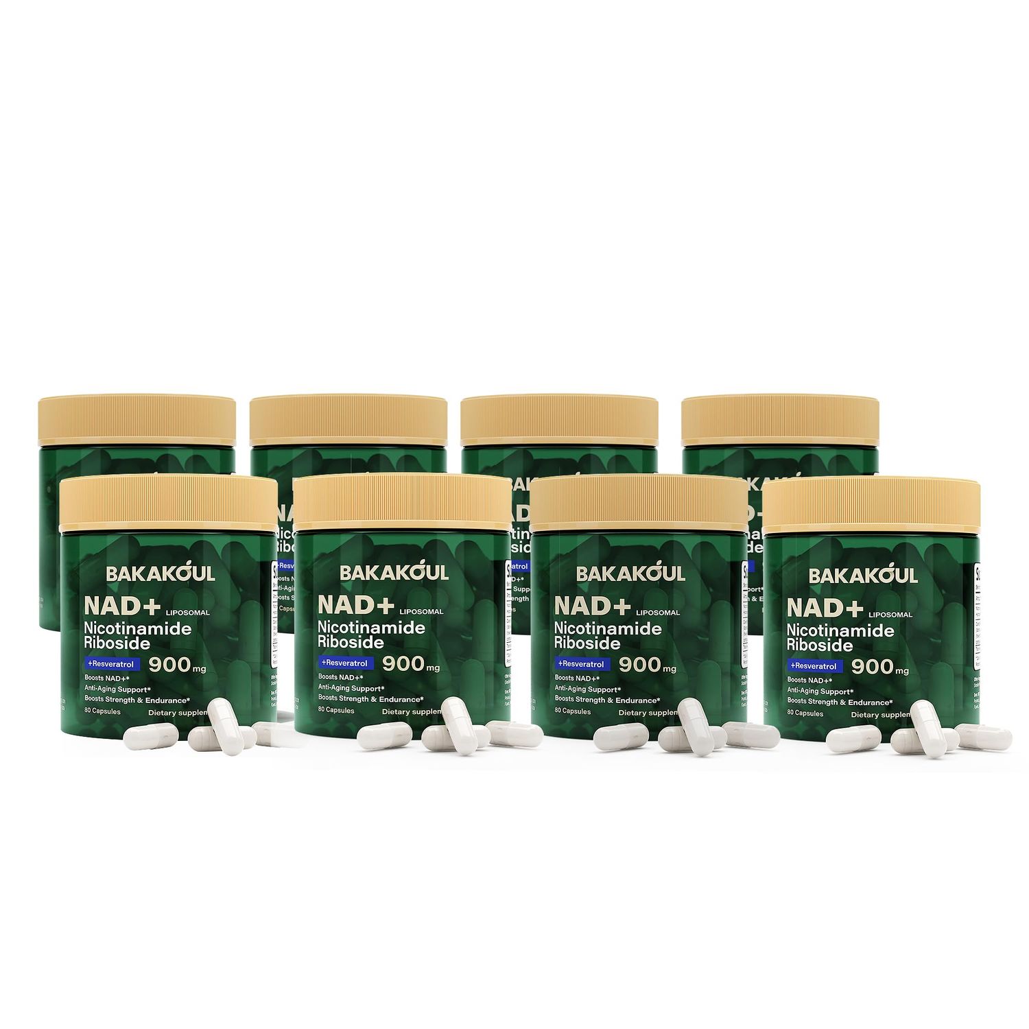 BAKAKOUL NAD Supplement - Liposomal Nicotinamide Riboside, Resveratrol, Quercetin, NAD Nicotinamide Riboside Resveratrol 900mg, NAD Supplement for Men and Women, 80 Capsules 8 Pack