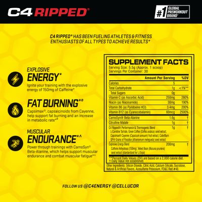 Cellucor C4 Ripped Pre Workout Powder Fruit Punch - Creatine Free Sugar Free Preworkout Energy Supplement for Men Women - 150mg Caffeine Beta Alanine Weight Loss - 30 Servings
