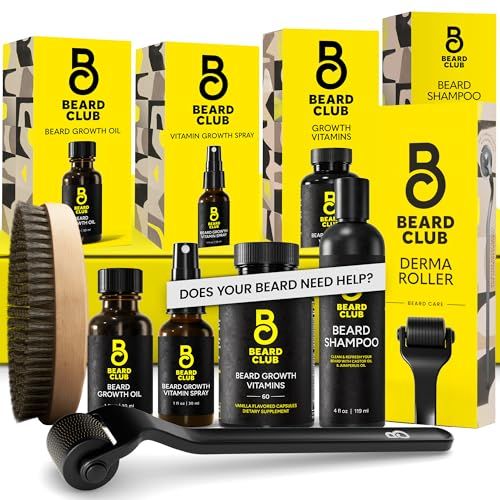 The Beard Club Advanced Beard Growth Kit - Derma Roller, Beard Growth Oil, Beard Growth Vitamins and Beard Growth Vitamin Spray, Beard Shampoo and Beard Brush - Gift Set - Cedar